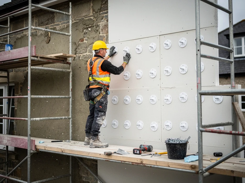Pose de panneaux isolants chevillés sur un mur avant enduit de façade
